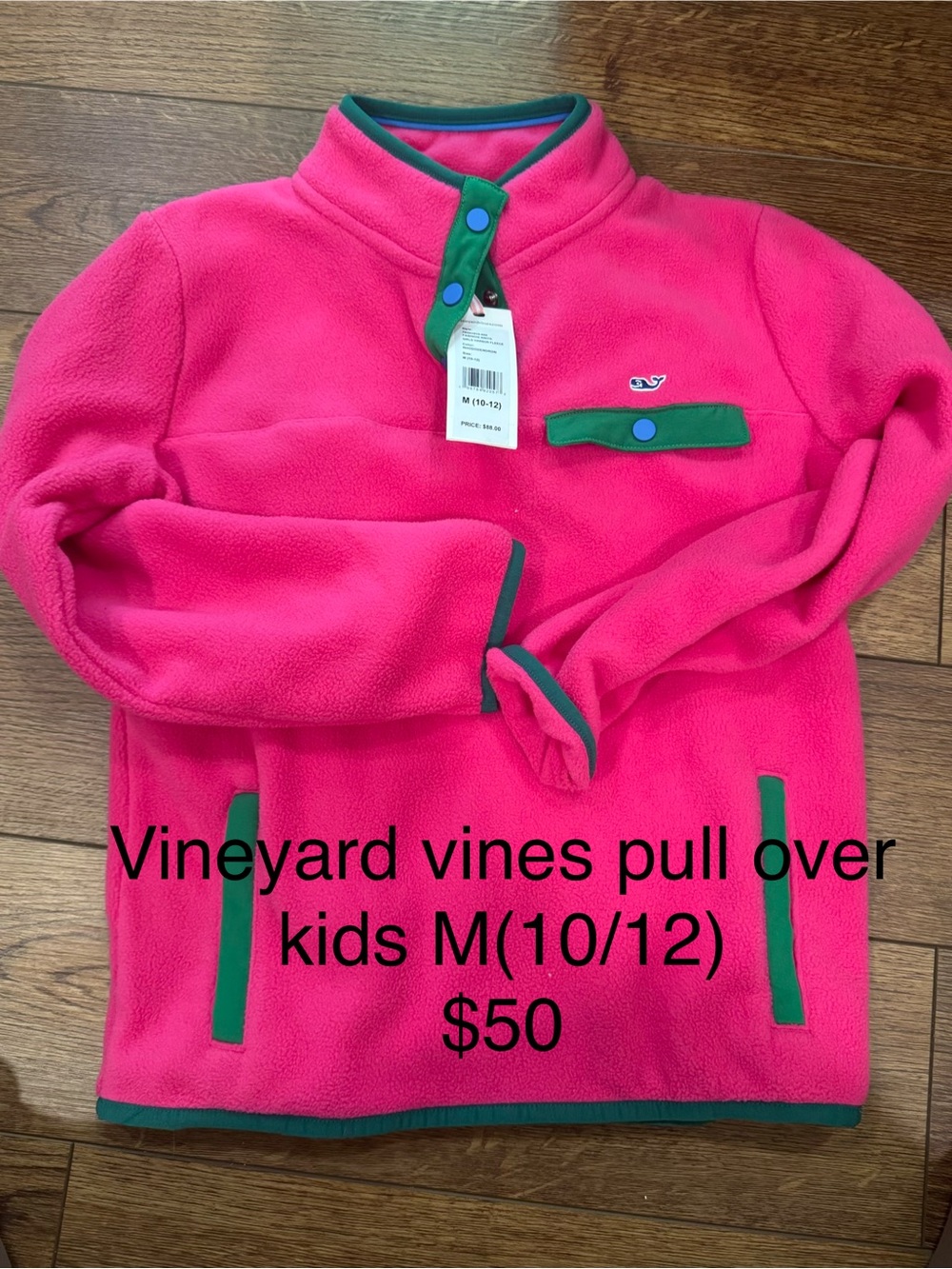 Vineyard Vines Hot Pink Fleece Pullover with Green Trim - Kids M